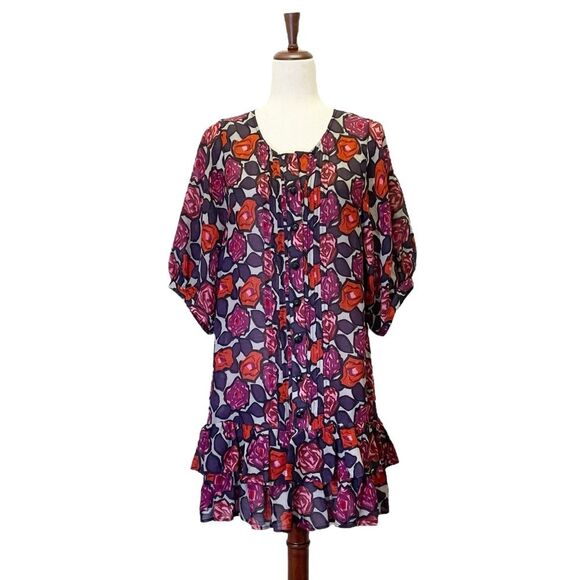 Tracy Reese Drop Waist Mini Dress Size Medium Rose Floral Silk Wool Blend Tunic - Picture 1 of 16
